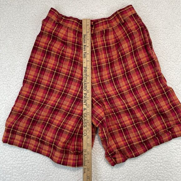 Vintage Womens Plaid Shorts 10 Medium Red Yello Pink Pleated Linen Cotton Blend - Picture 6 of 7